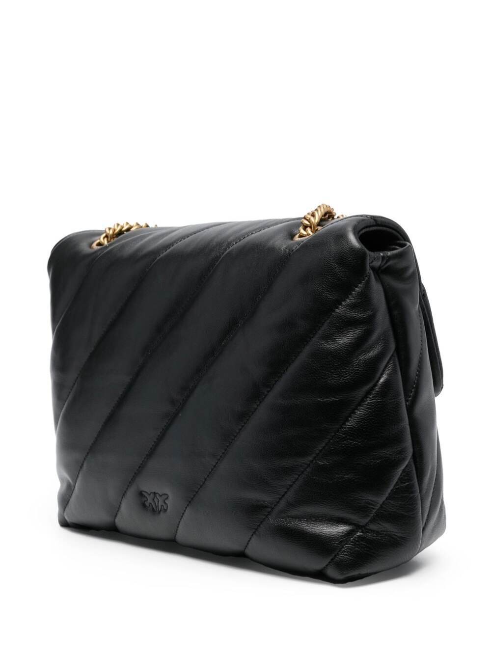Love Puff Shoulder Bag with Birds Diamond Cut Logo on Front in Black Leather for Women Crossbody