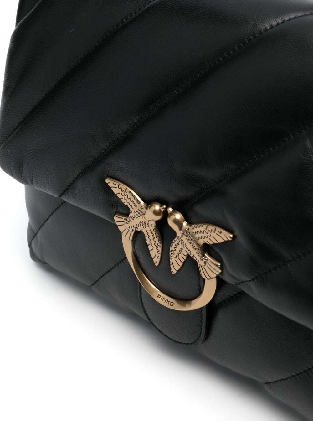 Love Puff Shoulder Bag with Birds Diamond Cut Logo on Front in Black Leather for Women Crossbody