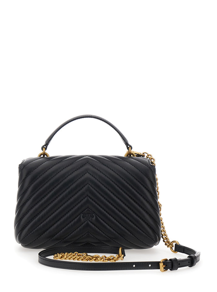 Shoulder Bag with Adjustable and Removable Strap Love Birds Plaque on the Front in Black Leather for Women