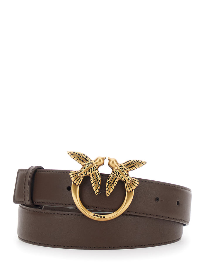 Brown Leather Love Birds Buckle Belt For Women