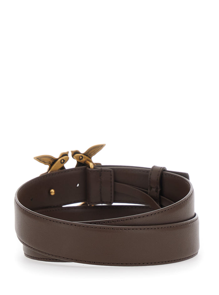 Brown Leather Love Birds Buckle Belt For Women