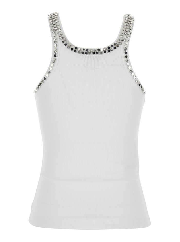 Sleeveless Top with Rhinestone Decoration and Ribbed Knit in White Cotton for Women Polyester Tops