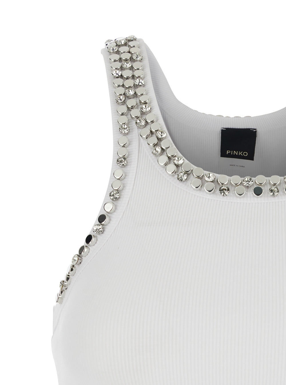Sleeveless Top with Rhinestone Decoration and Ribbed Knit in White Cotton for Women Polyester Tops
