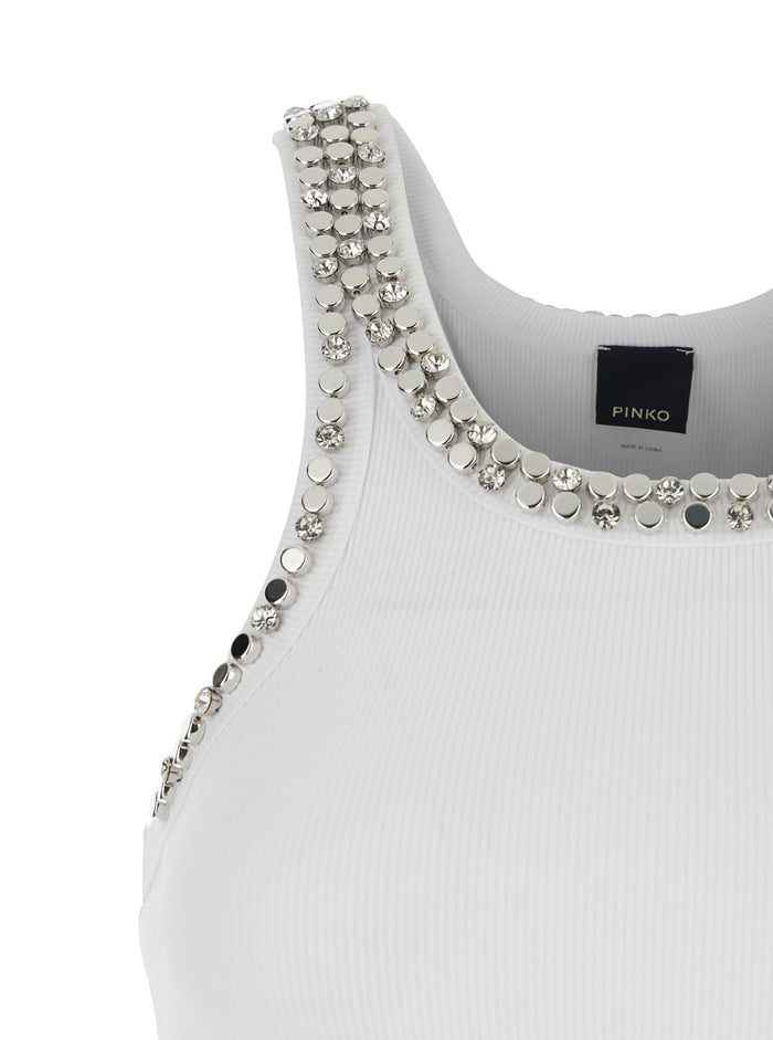 Sleeveless Top with Rhinestone Decoration and Ribbed Knit in White Cotton for Women Polyester Tops