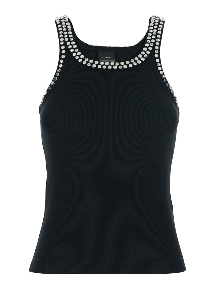 Sleeveless Top with Rhinestone Decoration and Ribbed Knit in Black Cotton for Women Polyester Tops