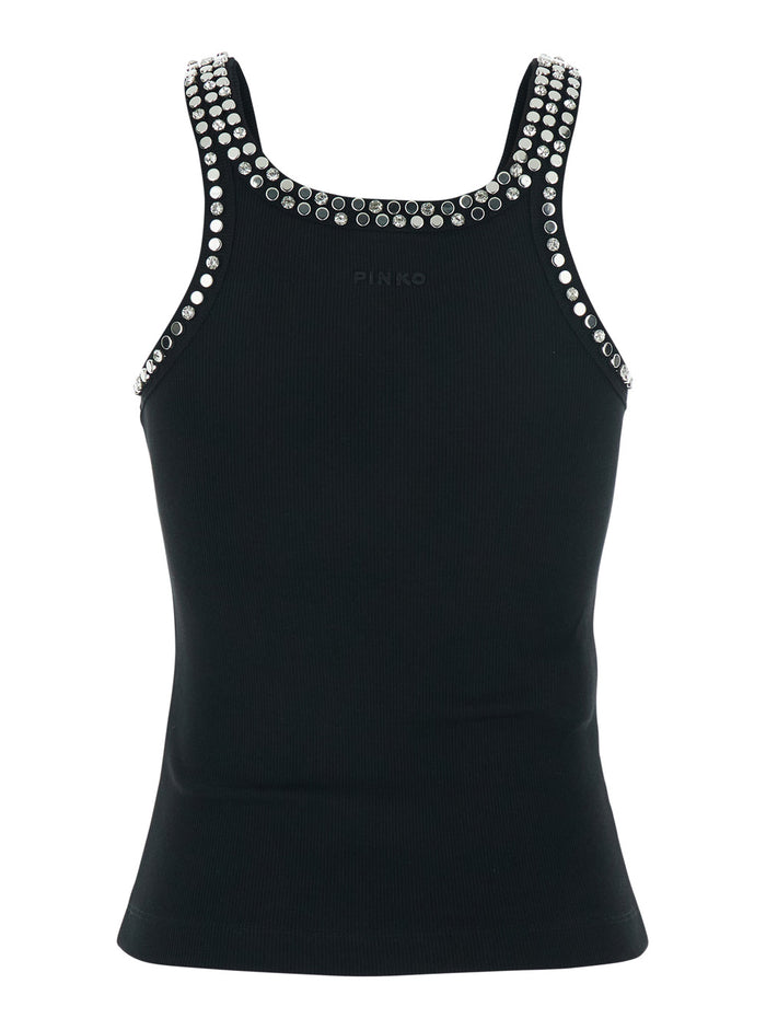 Sleeveless Top with Rhinestone Decoration and Ribbed Knit in Black Cotton for Women Polyester Tops