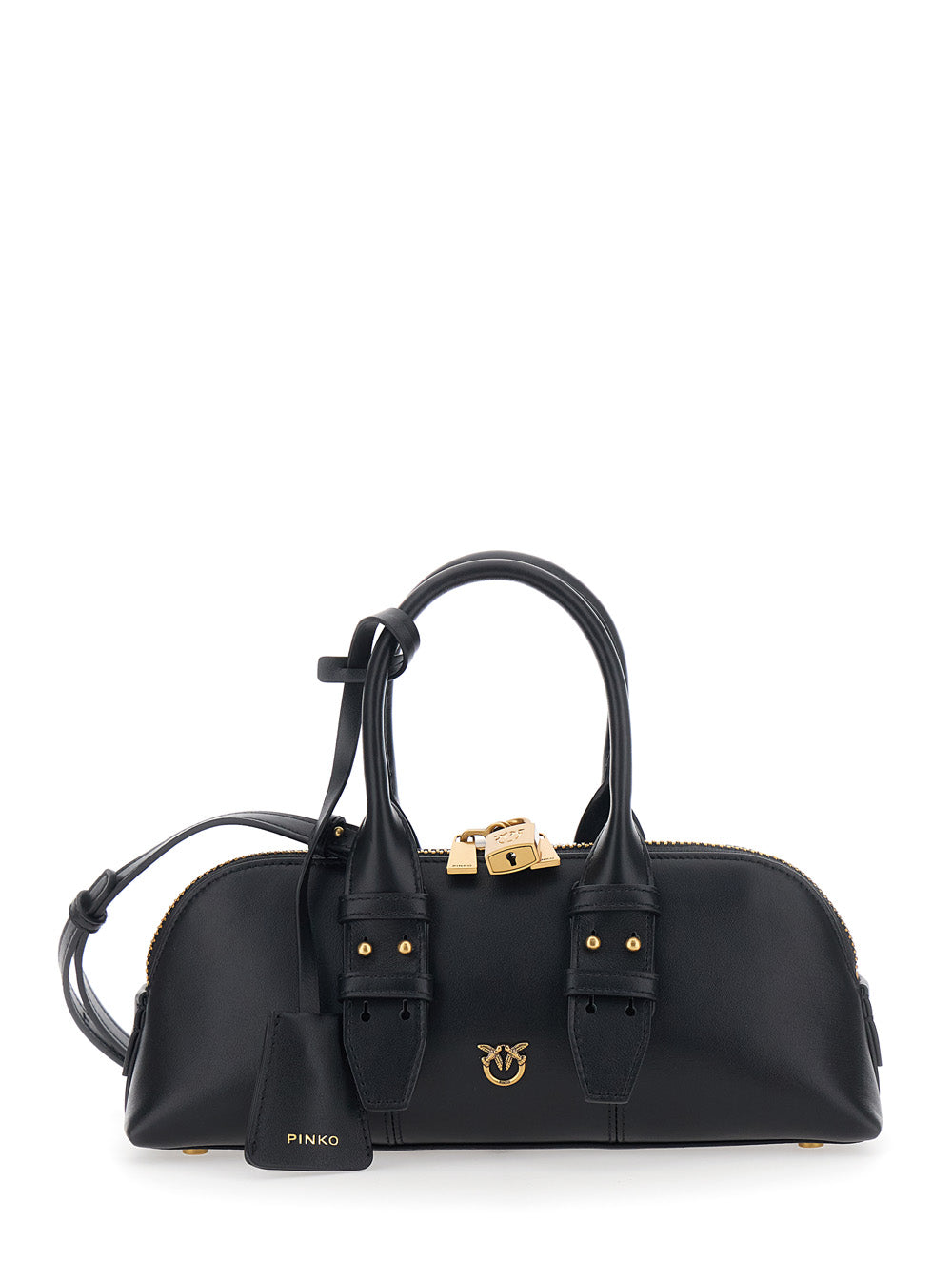 Handbag Bowling Bag Horizontal with Adjustable and Removable Shoulder Strap Black Leather Lock Detail for Women Hand