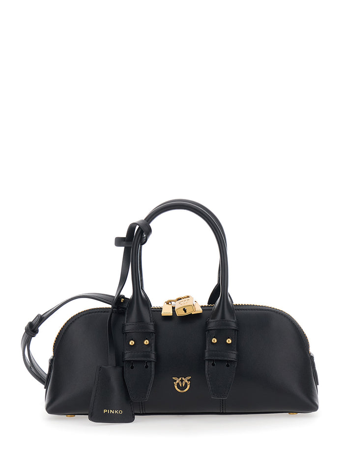 Handbag Bowling Bag Horizontal with Adjustable and Removable Shoulder Strap Black Leather Lock Detail for Women Hand