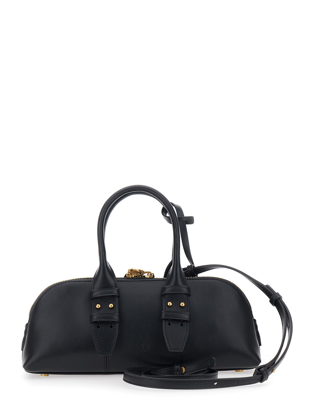 Handbag Bowling Bag Horizontal with Adjustable and Removable Shoulder Strap Black Leather Lock Detail for Women Hand