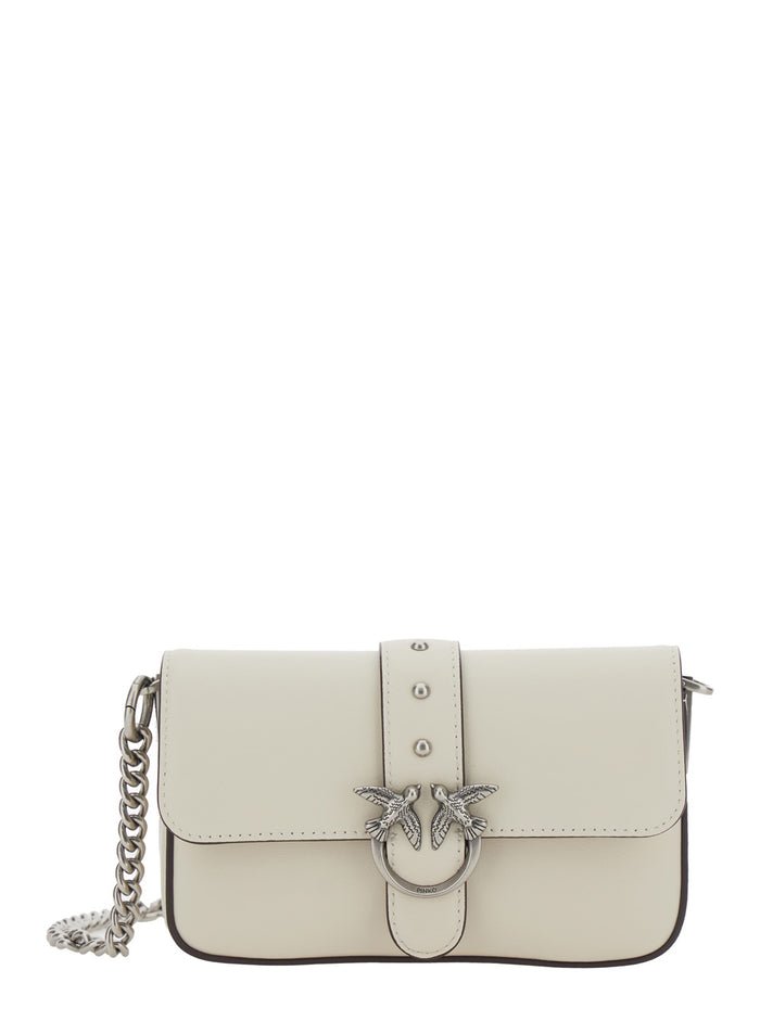 Shoulder Bag Love One Slouchy with Chain Strap and Birds Plaque on Front in White Leather for Women