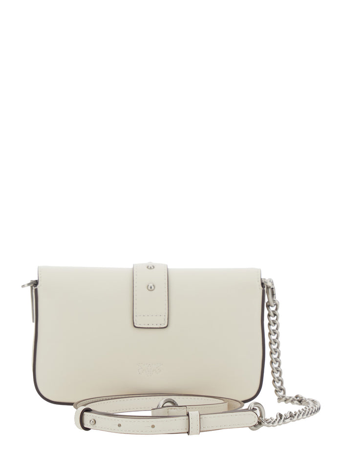 Shoulder Bag Love One Slouchy with Chain Strap and Birds Plaque on Front in White Leather for Women