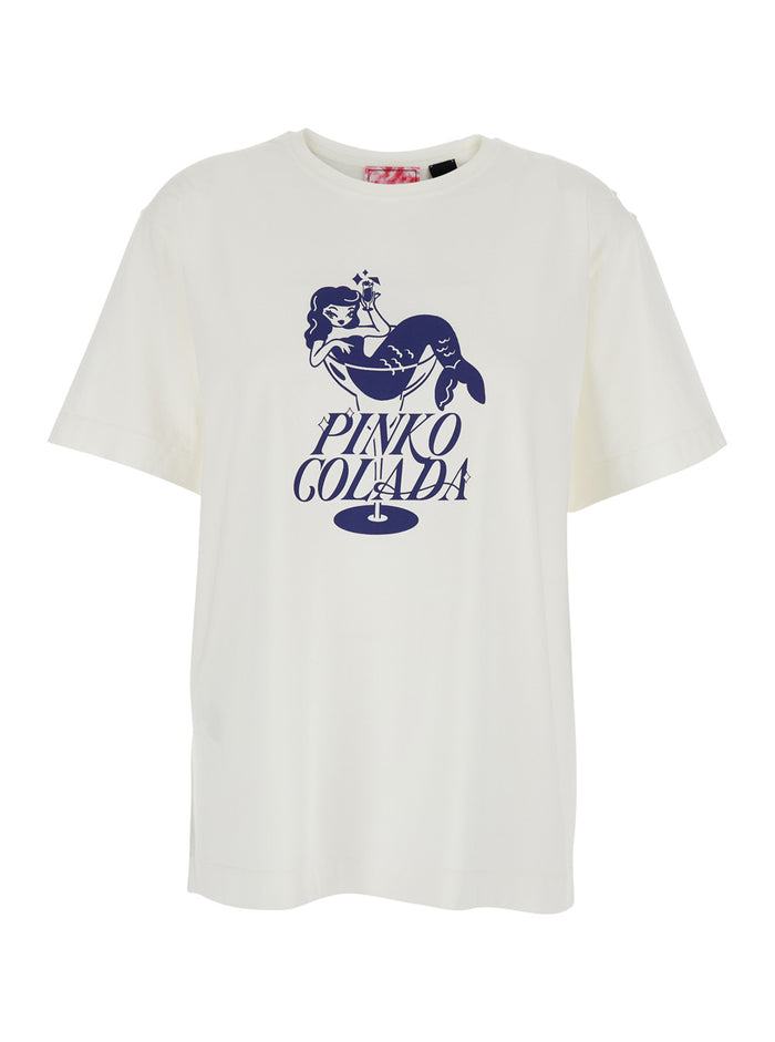 White T-Shirt with Logo Print on the Front in Cotton for Women Tshirts And Polo Shirts
