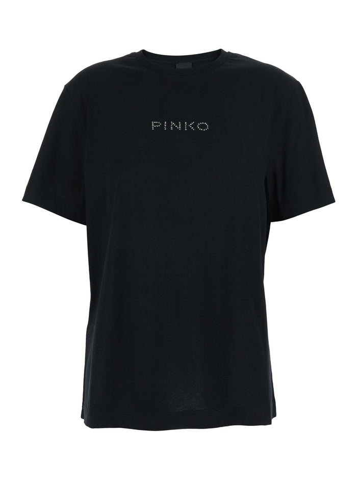 Black T-Shirt with Lettering Logo on the Front and Strass Print Back in Womens Cotton Tshirts Polo Shirts