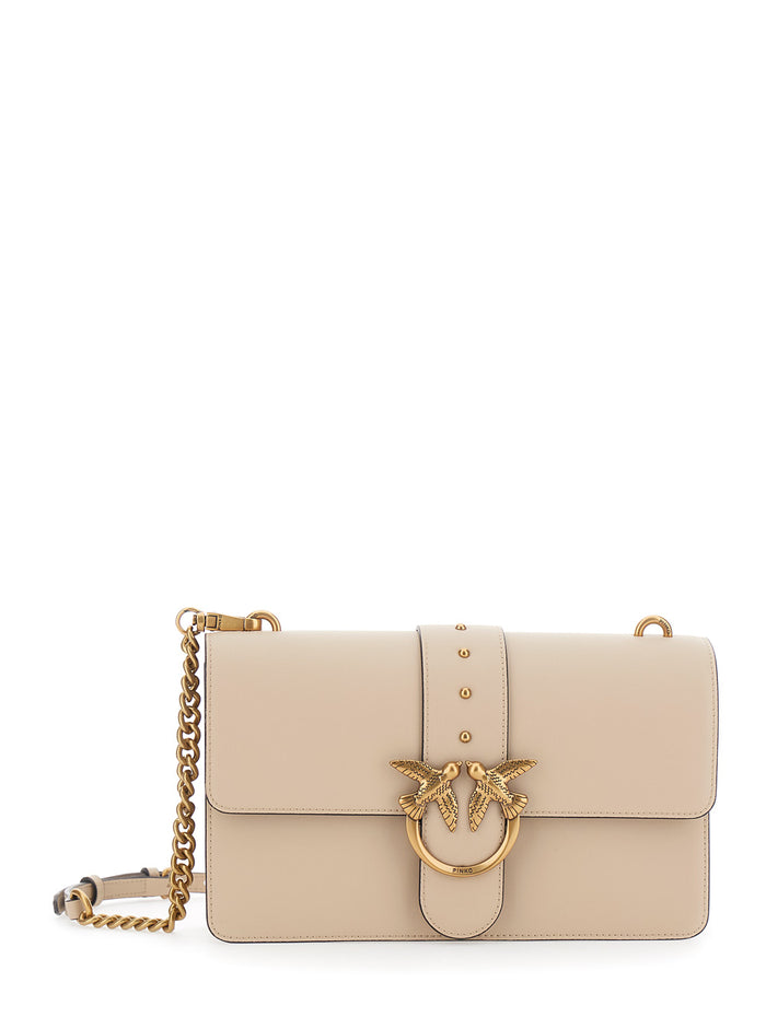 Love One Classic Shoulder Bag with Studded Strap and Birds Diamond Cut Plaque on Front in Beige Leather for Women Polyurethane