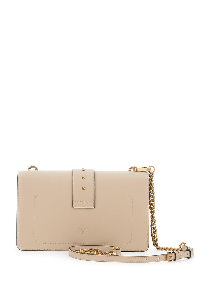 Love One Classic Shoulder Bag with Studded Strap and Birds Diamond Cut Plaque on Front in Beige Leather for Women Polyurethane