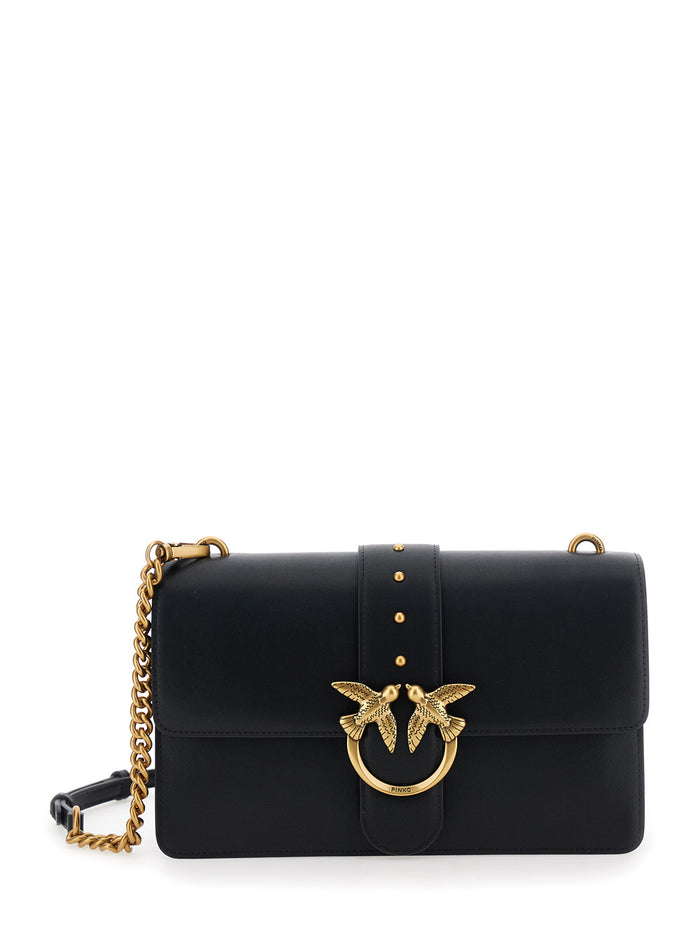 Love One Classic Shoulder Bag with Studded Strap and Birds Diamond Cut Plaque on Front in Black Leather for Women Polyurethane