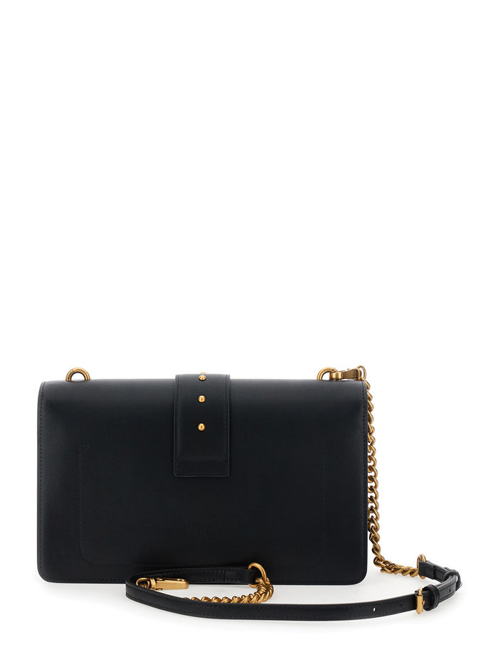 Love One Classic Shoulder Bag with Studded Strap and Birds Diamond Cut Plaque on Front in Black Leather for Women Polyurethane