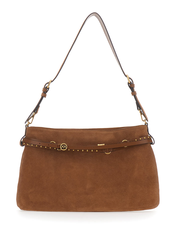 Shoulder Bag PINKO with Strap and Logo Details on the Front in Brown Suede for Women Leather