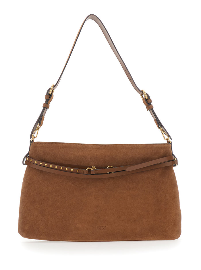 Shoulder Bag PINKO with Strap and Logo Details on the Front in Brown Suede for Women Leather