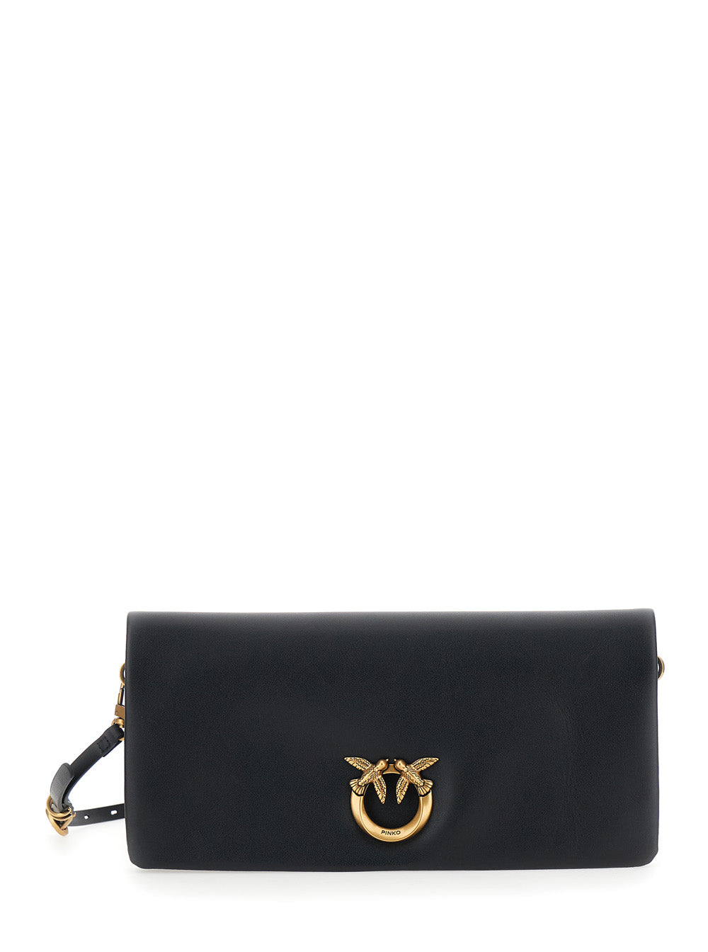Crossbody Bag Love Click Soft Horizontal with Adjustable and Removable Strap Birds Plaque on Front in Black Leather for Women