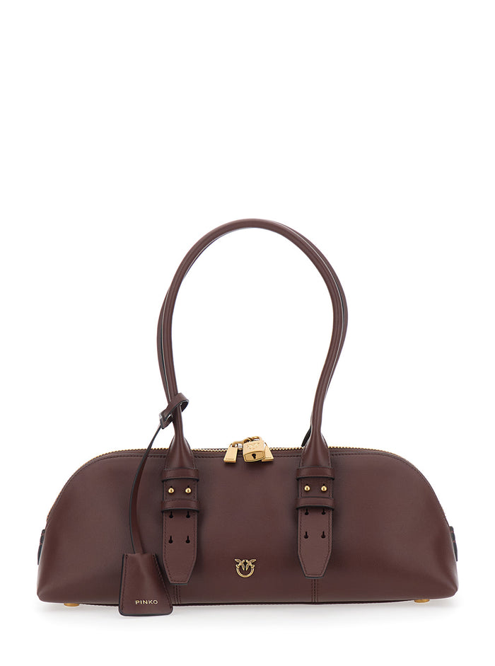 Large Bowling Horizontal Shoulder Bag with Adjustable and Removable Strap Brown Leather Lock Detail for Women Calf