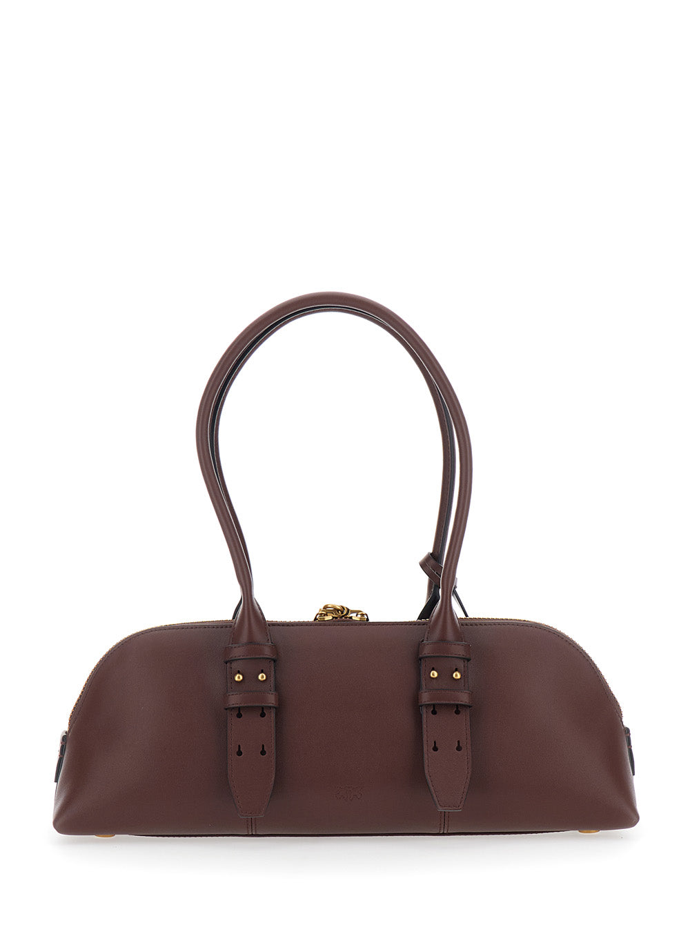 Large Bowling Horizontal Shoulder Bag with Adjustable and Removable Strap Brown Leather Lock Detail for Women Calf