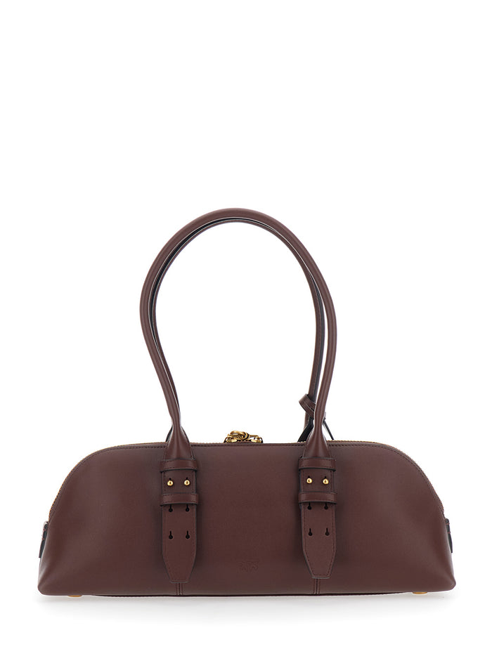 Large Bowling Horizontal Shoulder Bag with Adjustable and Removable Strap Brown Leather Lock Detail for Women Calf