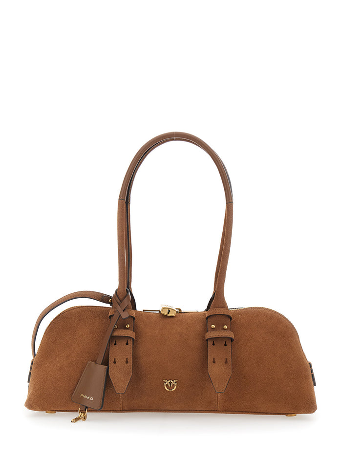 Large Bowling Horizontal Shoulder Bag with Adjustable and Removable Strap Brown Leather Lock Detail for Women