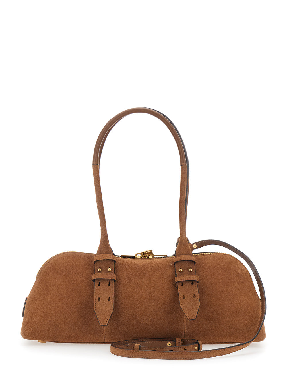 Large Bowling Horizontal Shoulder Bag with Adjustable and Removable Strap Brown Leather Lock Detail for Women