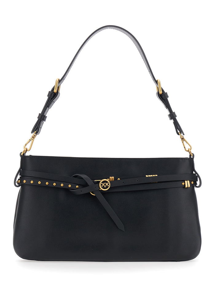 Shoulder Bag Logo with Adjustable and Removable Black Leather Strap for Women Calf