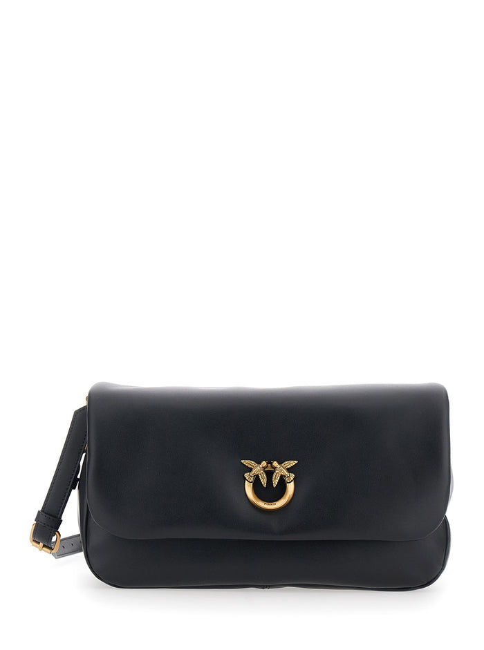 Shoulder Bag With Adjustable Strap And Love Birds Diamond Cut Plaque On The Front Black Leather For Women