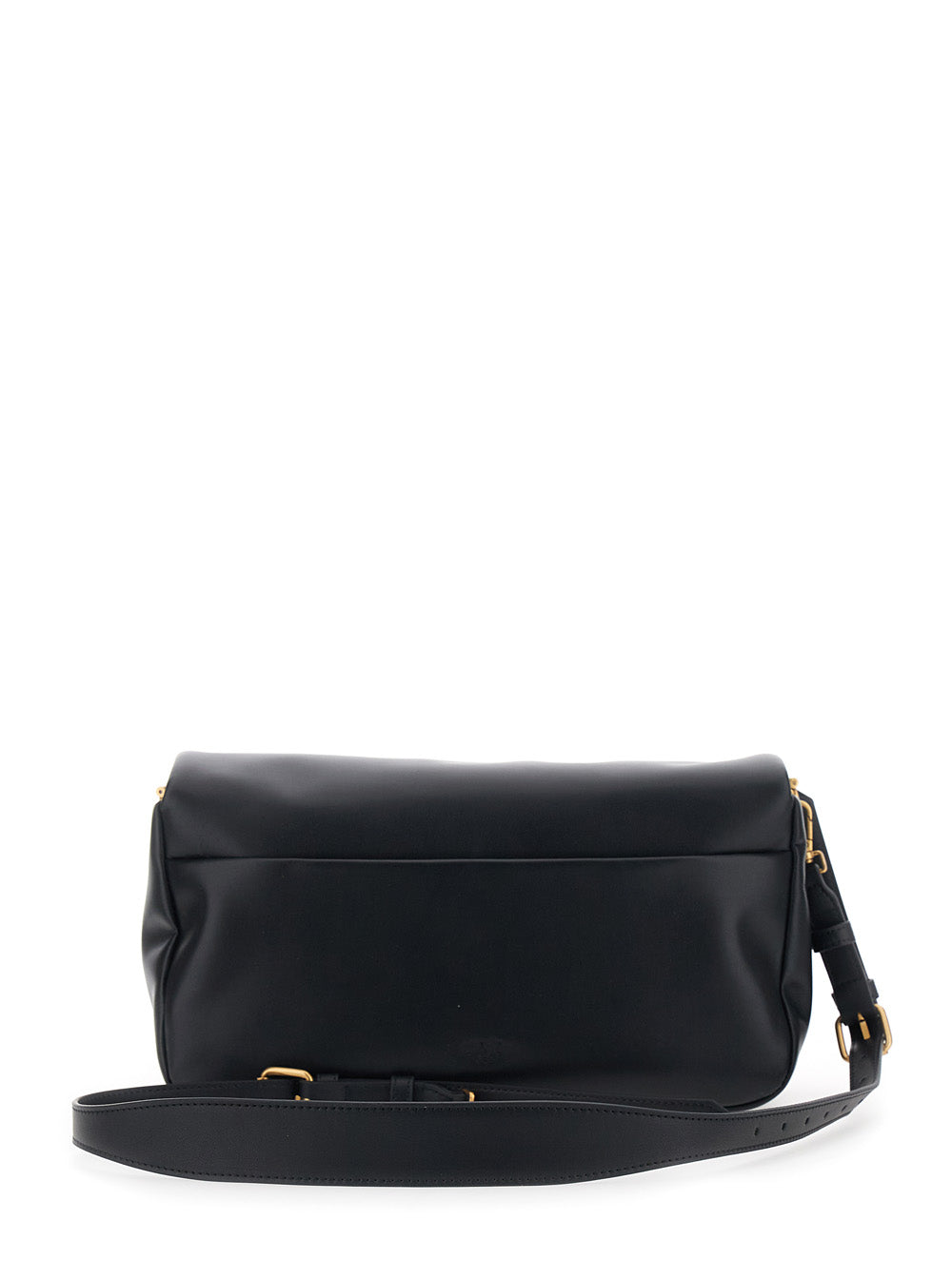 Shoulder Bag With Adjustable Strap And Love Birds Diamond Cut Plaque On The Front Black Leather For Women