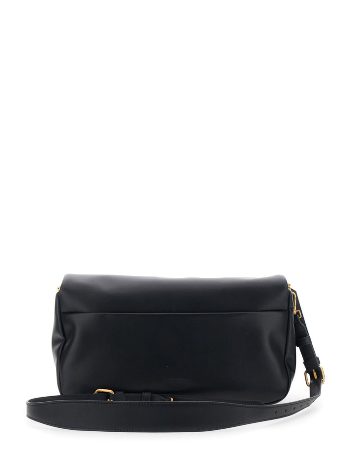 Shoulder Bag With Adjustable Strap And Love Birds Diamond Cut Plaque On The Front Black Leather For Women