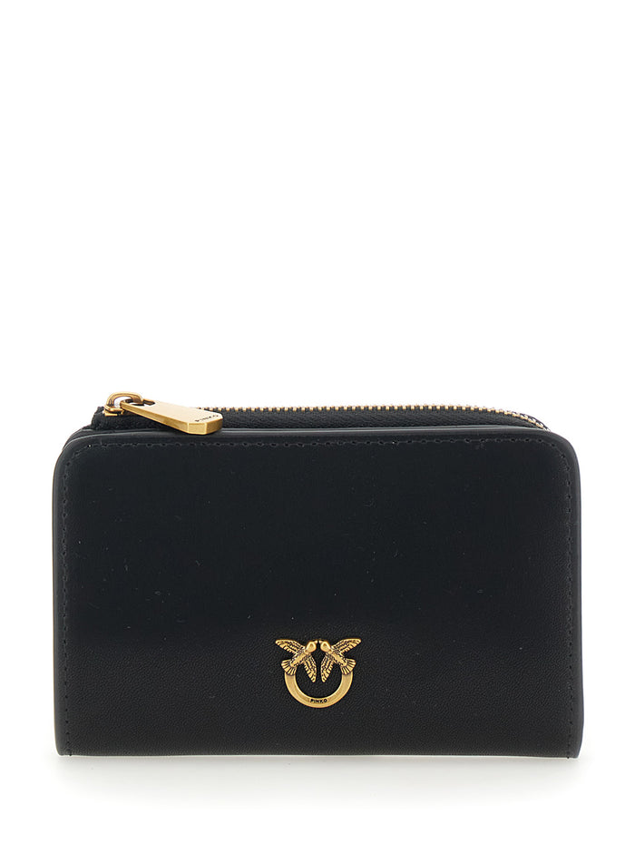 Love Birds Wallet with Front Plaque in Black Leather for Women Products