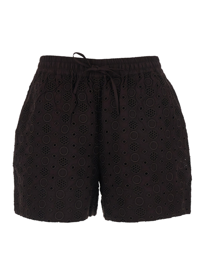Liz Shorts with Elastic Waist and Drawstring All-Over Embroidery in Brown for Women Cotton Bermuda