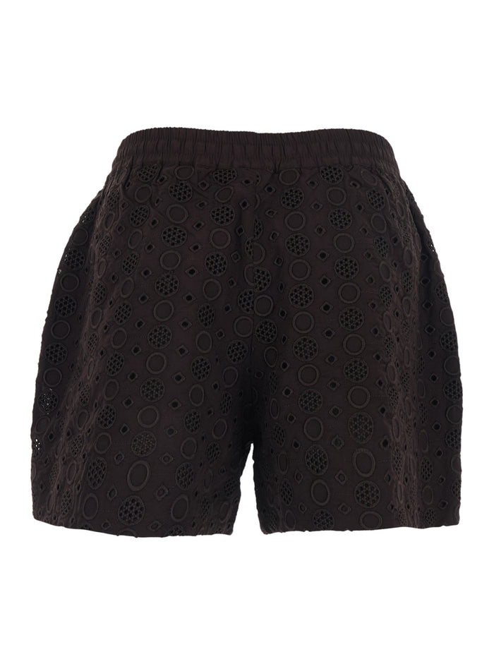 Liz Shorts with Elastic Waist and Drawstring All-Over Embroidery in Brown for Women Cotton Bermuda