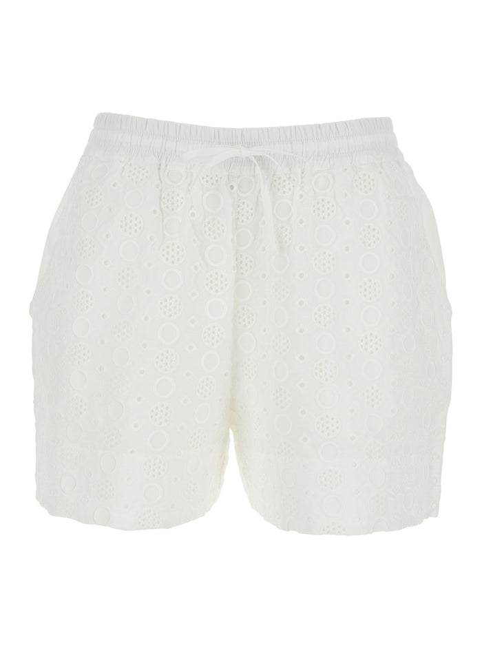 Liz Shorts with Elastic Waist and Drawstring All-Over Embroidery in White Cotton for Women Bermuda