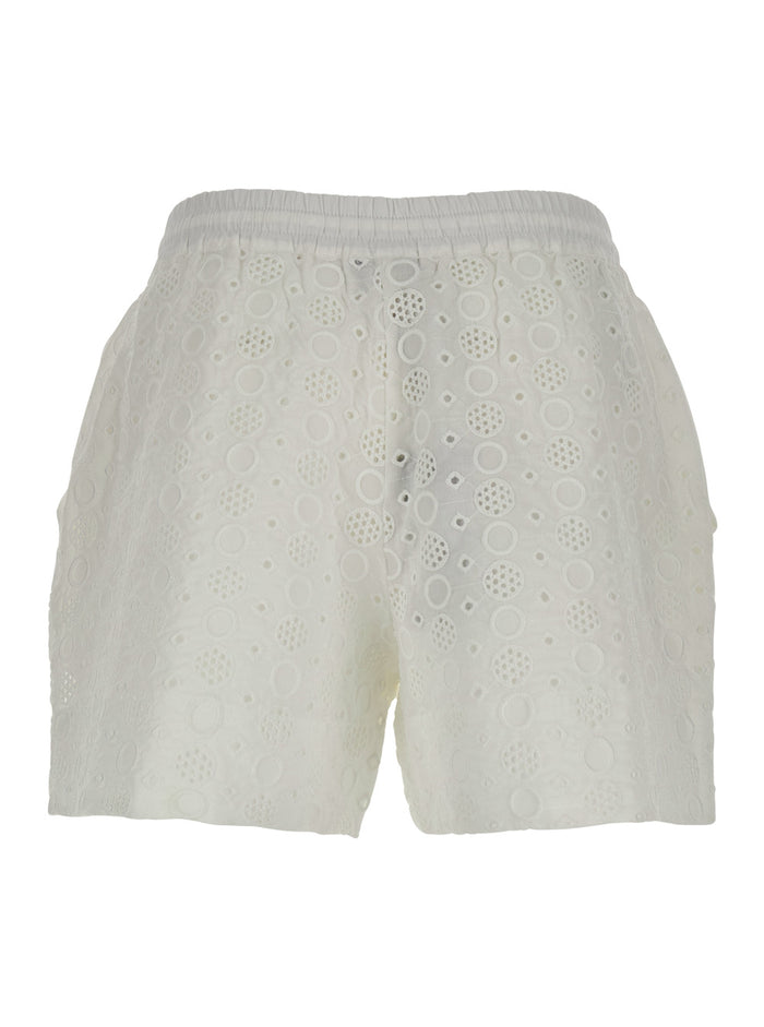 Liz Shorts with Elastic Waist and Drawstring All-Over Embroidery in White Cotton for Women Bermuda