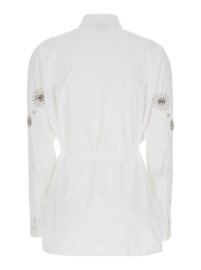 Shirt Carley with Bow Detail on Front and Crystal Decoration in White Cotton for Women Blouses