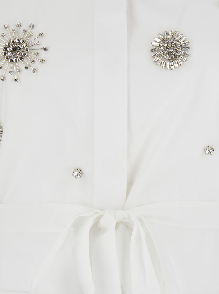 Shirt Carley with Bow Detail on Front and Crystal Decoration in White Cotton for Women Blouses