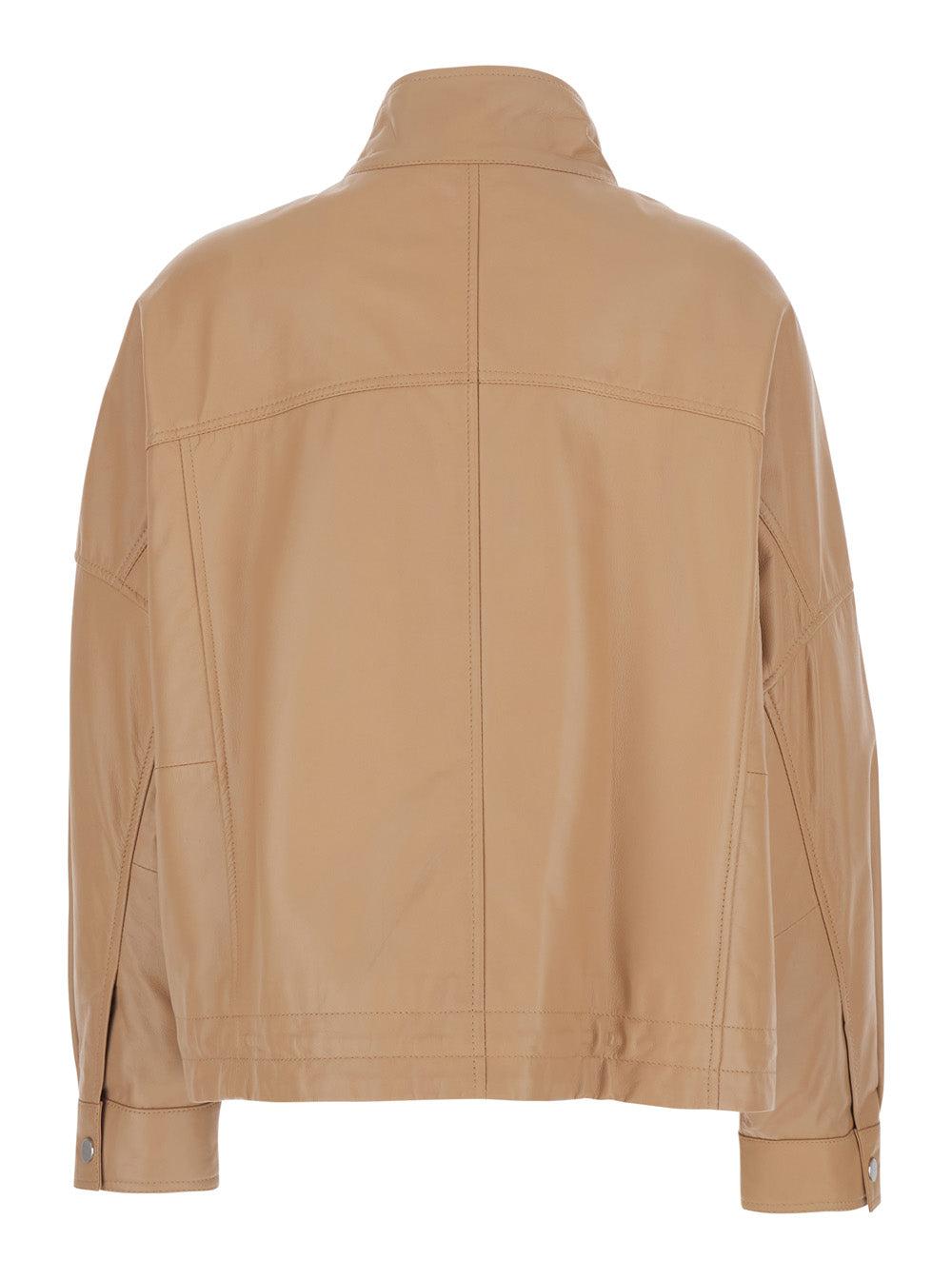 Jacket High Collar with Side Zip Pockets Beige in Leather Women Outerwear