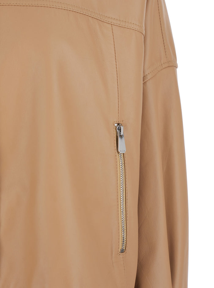 Jacket High Collar with Side Zip Pockets Beige in Leather Women Outerwear