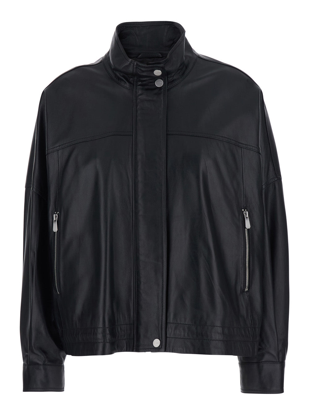 Black Jacket With High Collar And Side Zip Pockets For Women Leather Outerwear