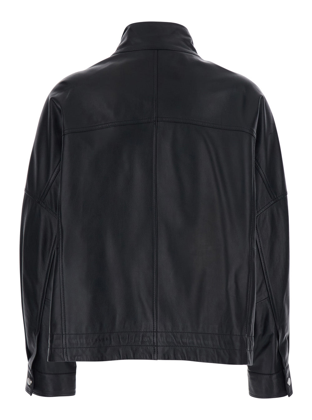 Black Jacket With High Collar And Side Zip Pockets For Women Leather Outerwear