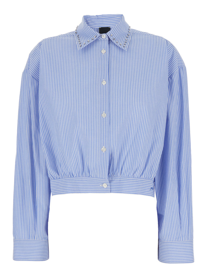 Charita Shirt with Collar Decoration and All-Over Stripes in Blue Cotton for Women Light Blouses
