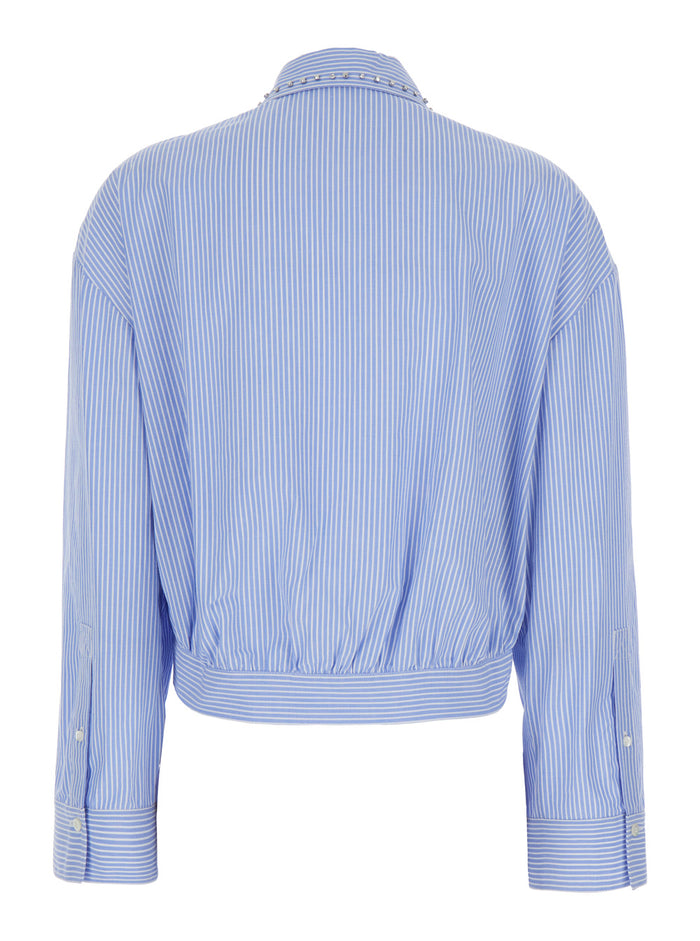 Charita Shirt with Collar Decoration and All-Over Stripes in Blue Cotton for Women Light Blouses