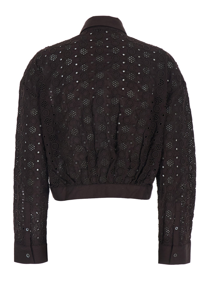Shirt with Classic Collar and All-Over Embroidery Design in Brown for Women Cotton Blouses