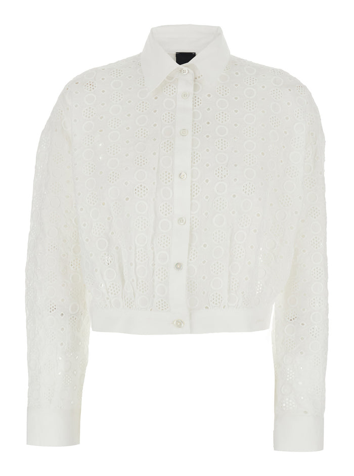 White Shirt with Classic Collar and All-Over Embroidery Design for Women Cotton Blouses