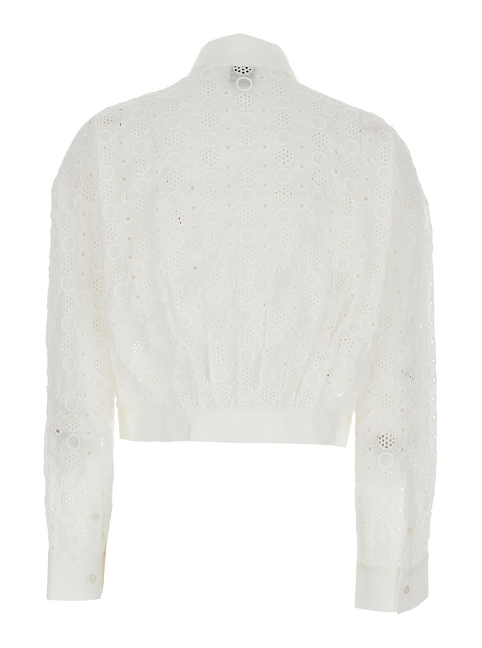 White Shirt with Classic Collar and All-Over Embroidery Design for Women Cotton Blouses