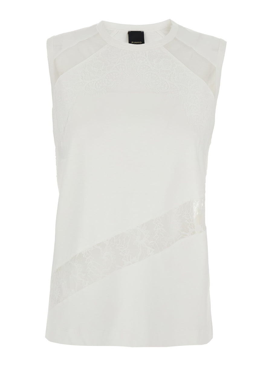 Crew Neck Top With Lace Trim White Cotton Tops